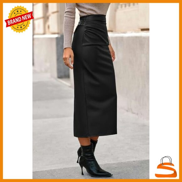 PU Leather Pencil Midi Skirt High Waisted Bodycon Back Slit - Picture 5 of 8